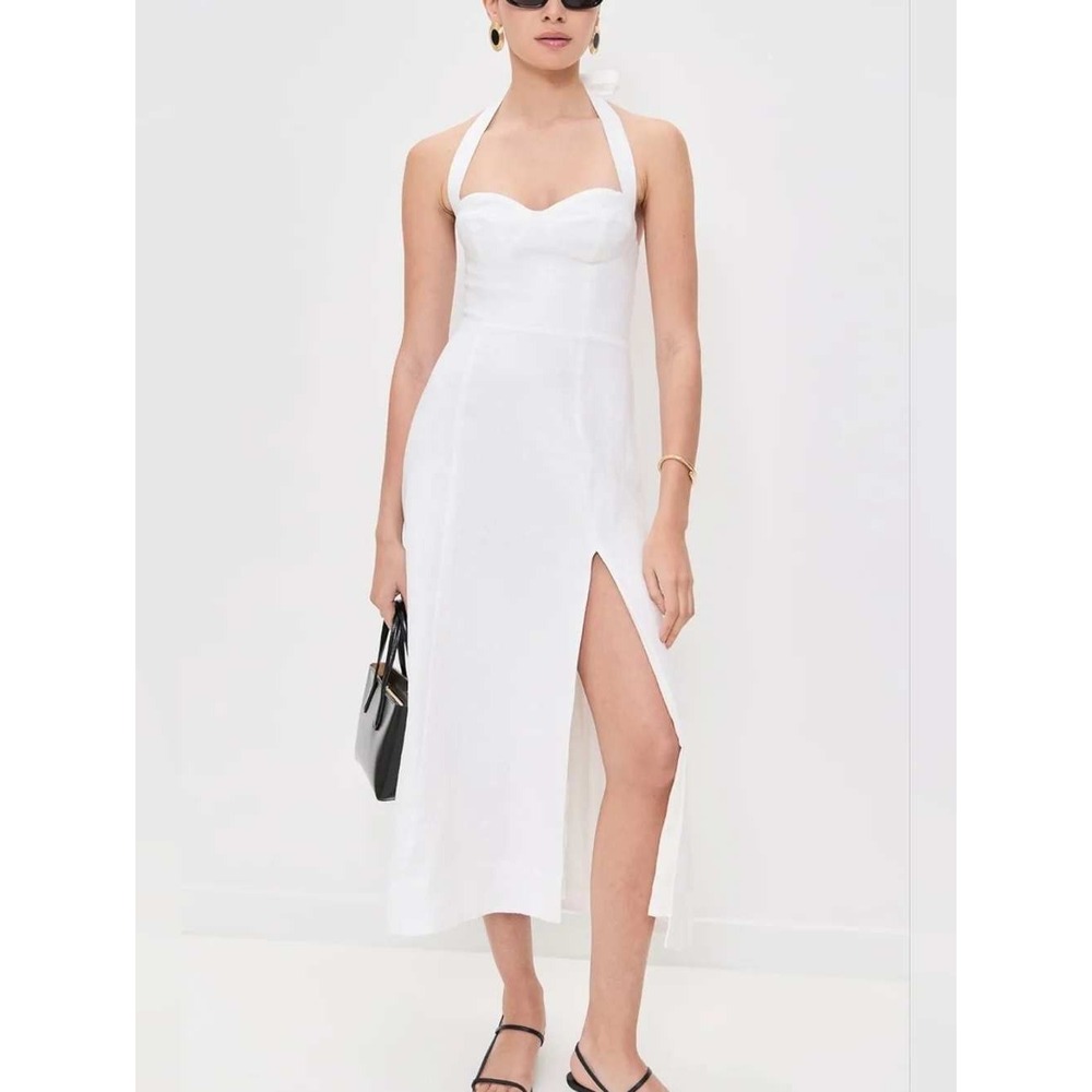 Reformation Tala Linen Midi Dress 10 White Halter Side Slit Summer Wedding Beach
